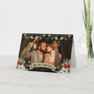 Cartes Pour Fêtes Annuelles Notre premier Noël en or noir Photo de jeunes mari