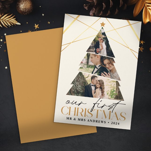 Cartes Pour Fêtes Annuelles Notre premier Noël en tant que M. & Mme Gold Tree (Créateur téléchargé)