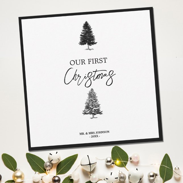 Cartes Pour Fêtes Annuelles Notre premier Noël Noir & Blanc Newlyweds Mr Mrs. (Créateur téléchargé)