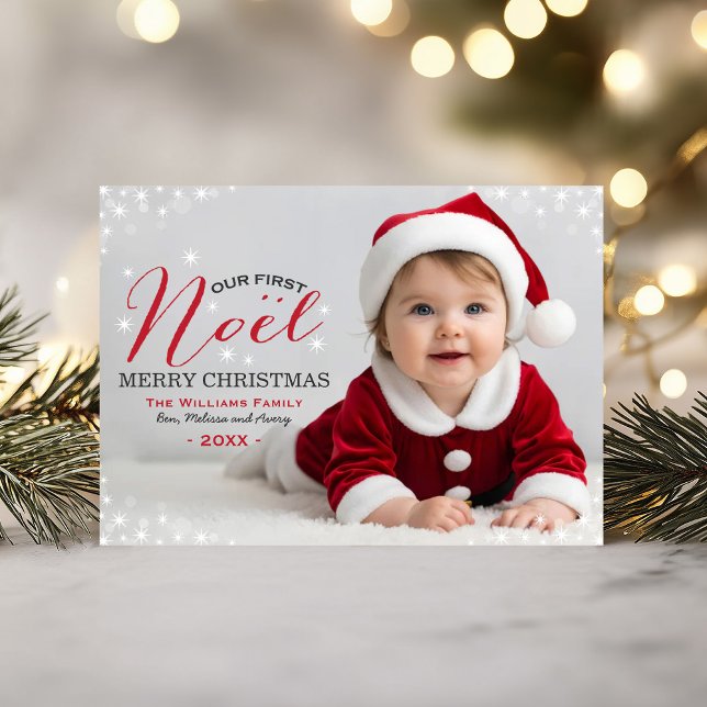 Cartes Pour Fêtes Annuelles Notre premier Noel Red Photo Overlay Baby First (Créateur téléchargé)
