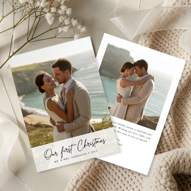 Cartes Pour Fêtes Annuelles Notre Premier Noël Script Photo Côtière (Créateur téléchargé)