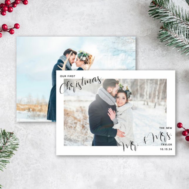 Cartes Pour Fêtes Annuelles Notre première photo de Noël (Easily personalize this first Christmas as Mr. & Mrs. Card with 2 photos and your deets!)