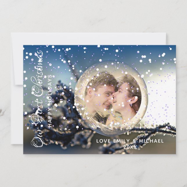 Cartes Pour Fêtes Annuelles Notre première photo de Noël Couple Card Snow Glob (Devant)