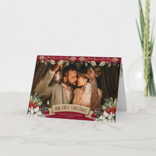 Cartes Pour Fêtes Annuelles Notre première photo de Noël rouge de jeunes marié