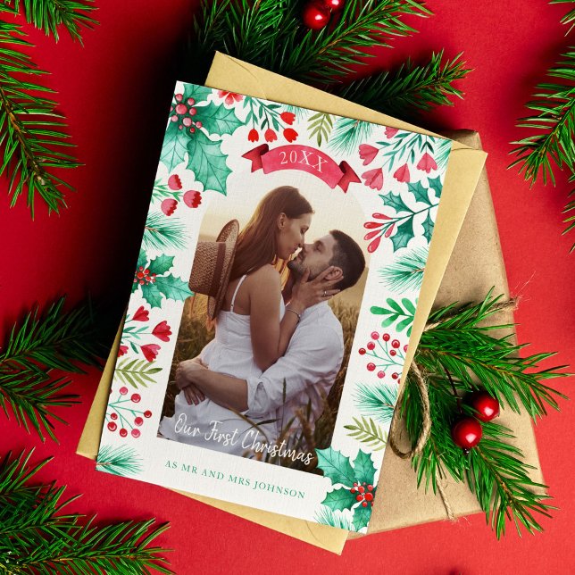 Cartes Pour Fêtes Annuelles Notre première photo marie de Noël aquarelle (Our First Christmas Married Watercolor Foliage Holiday Card)