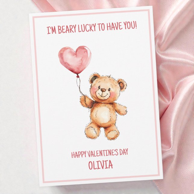 Cartes Pour Fêtes Annuelles Nounours Enfants Mignons Rose Saint-Valentin Joyeu (Teddy Bear Cute Kids Pink Happy Valentine's Day Holiday Card)