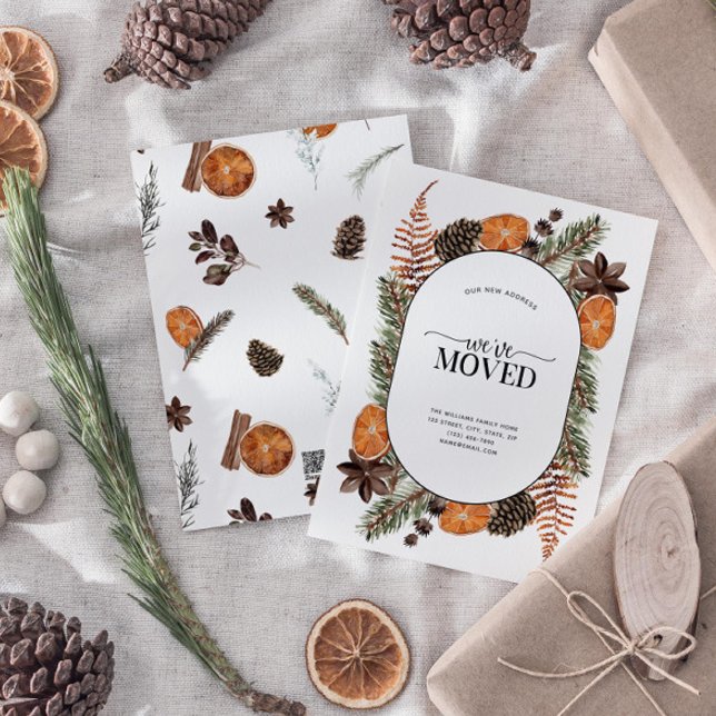 Cartes Pour Fêtes Annuelles Nous avons déplacé Boho hiver Citrus Moving Faire- (Sending your family and friends a festive 'We've Moved!' Christmas card!)