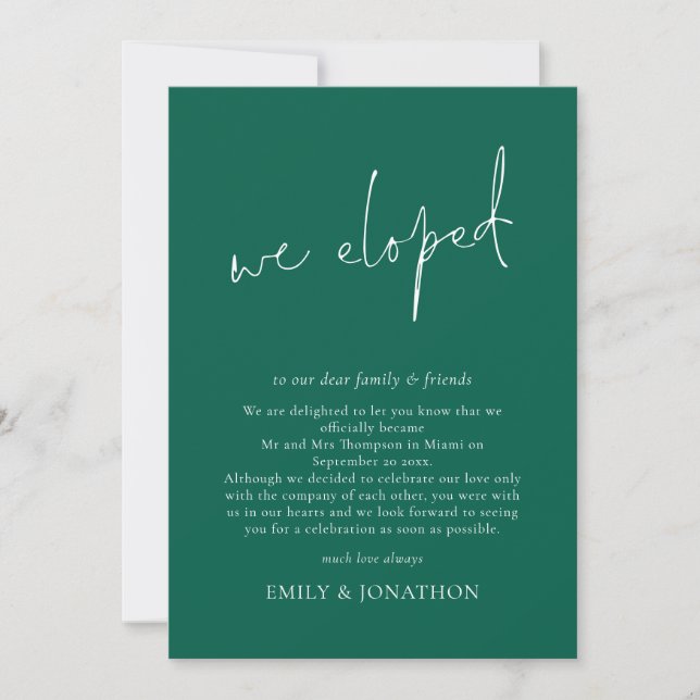Cartes Pour Fêtes Annuelles Nous Avons Elopé Script Emerald Elopement Faire-pa (Devant)