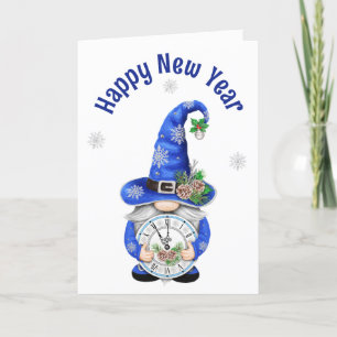 Cartes Pour Fêtes Annuelles Nouveau Gnome Bleu de l'An avec Horloge