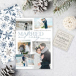 Cartes Pour Fêtes Annuelles Nouveau marié & Joyeux Rustique bleu photo Collage<br><div class="desc">Marquez votre premier Noël comme mariés avec cette carte de vacances Marié & Joyeux, conçue pour mettre en valeur cinq de vos photos mariages préférées. L'élégante typographie bleu-gris allie modernité et écriture pour un look saisonnier sophistiqué, tandis que le fond botanique enneigé ajoute un charme hivernal supplémentaire. Avec de la...</div>
