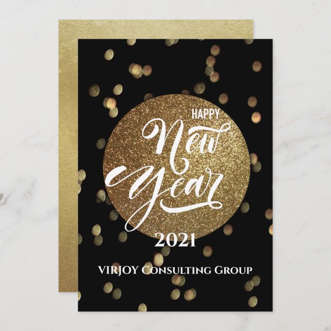 Cartes Pour Fêtes Annuelles Nouvel An 2021 | Entreprise Gold Confetti (Devant / Derrière)