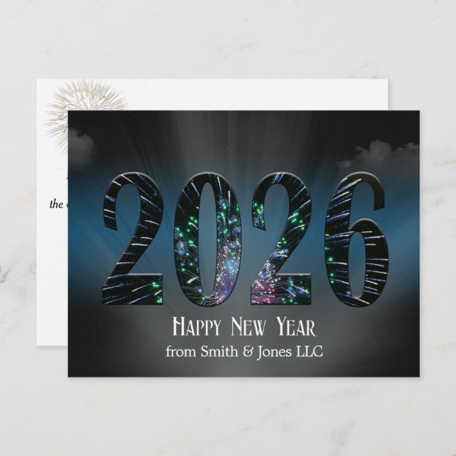 Cartes Pour Fêtes Annuelles Nouvel An 2026 Feu d'artifice et nuages (Devant / Derrière)