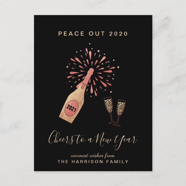 Cartes Pour Fêtes Annuelles Nouvel An Champagne Peace Out 2020 Gold Black (Devant)