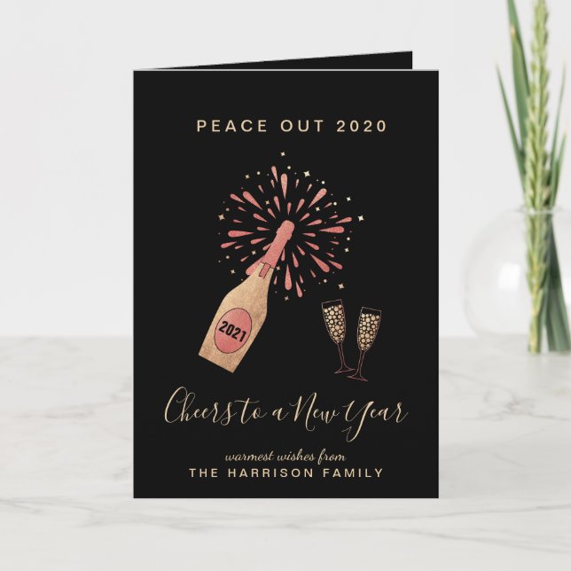 Cartes Pour Fêtes Annuelles Nouvel An Champagne Peace Out 2020 Gold Black (Devant)