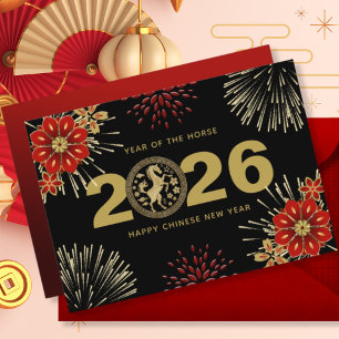Cartes Pour Fêtes Annuelles Nouvel An chinois Or noir de l'année du Cheval