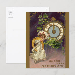Cartes Pour Fêtes Annuelles Nouvel An victorien vintage, Horloge à minuit