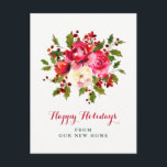 Cartes Pour Fêtes Annuelles Nouvelle adresse à Noël | Fleurs rouges et vertes<br><div class="desc">Cette carte postale de Noël des Fêtes dit "joyeuses fêtes de notre nouvelle adresse", mais vous pouvez changer le libellé en utilisant le modèle si vous le souhaitez. Des flores d'aquarelle tendance, des feuilles et des baies en rouge et vert apportent une touche de design et de fête. Le dos...</div>