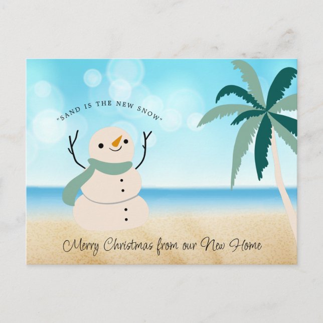Cartes Pour Fêtes Annuelles Nouvelle adresse Sandy Snowman Palm Tree on Beach (Devant)