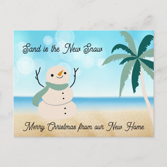 Cartes Pour Fêtes Annuelles Nouvelle adresse Sandy Snowman sur Beach Fancy Scr (Devant)