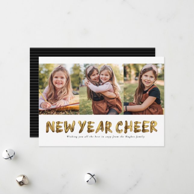 Cartes Pour Fêtes Annuelles Nouvelle année cheer or trois photo (Devant/Arrière en situation)