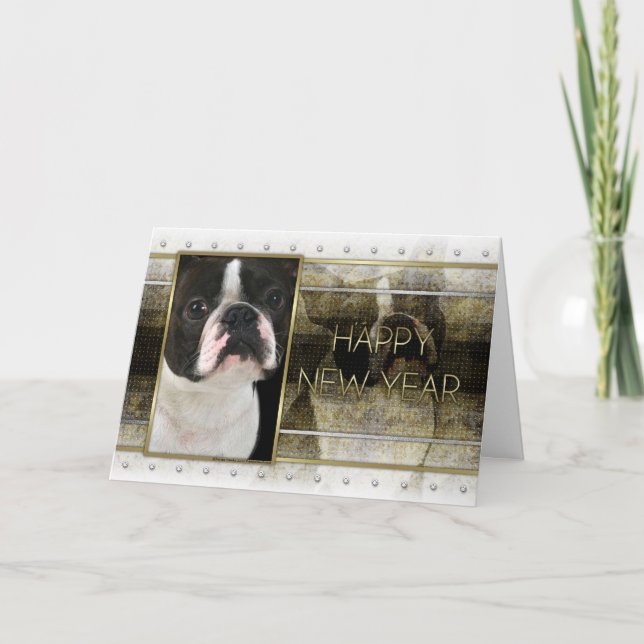 Cartes Pour Fêtes Annuelles Nouvelle année - élégance d'or - Boston Terrier (Devant)