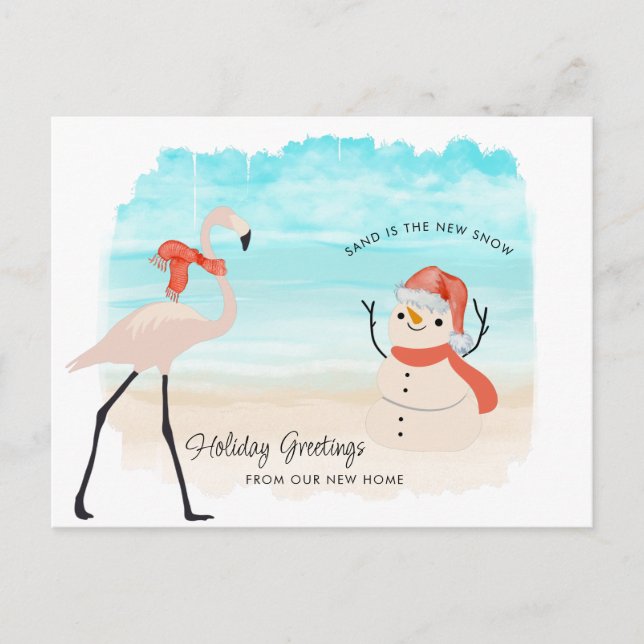 Cartes Pour Fêtes Annuelles Nouvelle maison Flamant rose Sandy Snowman sur la  (Devant)