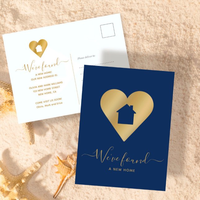 Cartes Pour Fêtes Annuelles Nouvelle maison Marine Blue Faux Gold Heart House  (Créateur téléchargé)