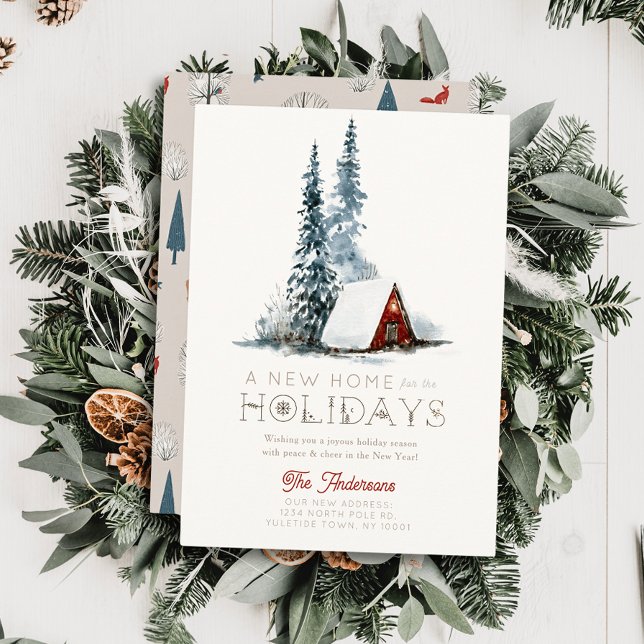 Cartes Pour Fêtes Annuelles Nouvelle maison Petite Cabine rouge hiver Noël (Créateur téléchargé)