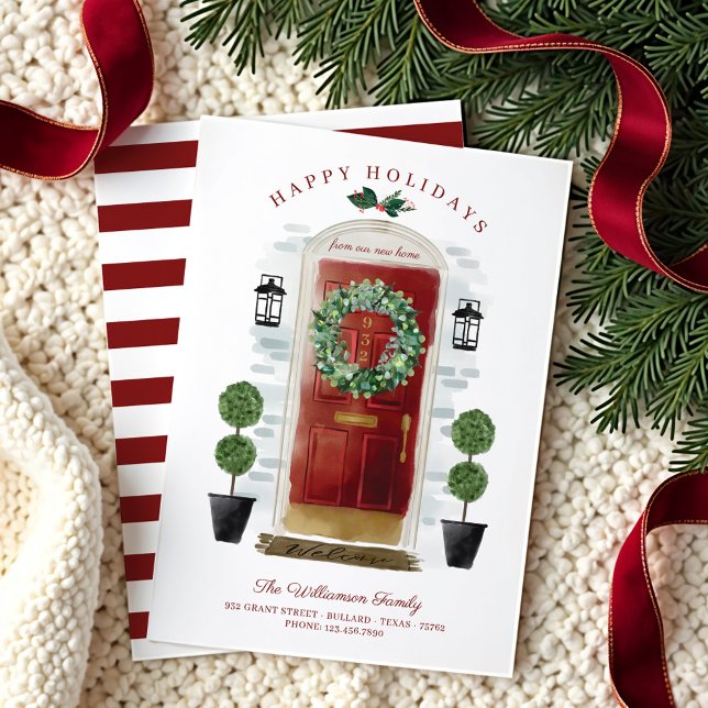 Cartes Pour Fêtes Annuelles Nouvelle maison pour les vacances Porte d'aquarell (New Home For the Holidays Red Watercolor Door Holiday Card)