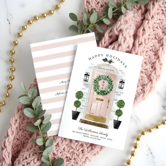 Cartes Pour Fêtes Annuelles Nouvelle maison pour les vacances Porte d'eau rose (New Home For the Holidays Pink Watercolor Door Holiday Card)