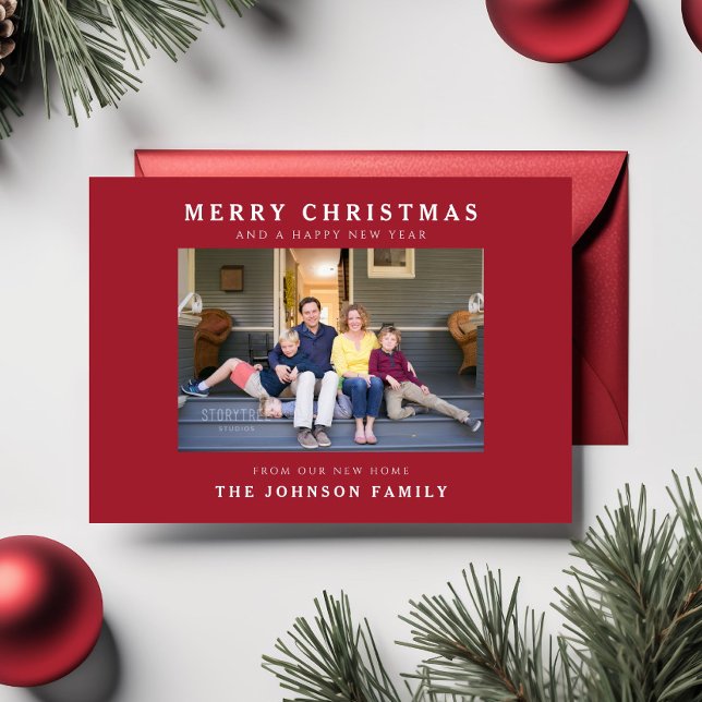 Cartes Pour Fêtes Annuelles Nouvelle maison Rouge Joyeux Noël Photo Holiday Ca (New Home Red Merry Christmas Photo Holiday Card)