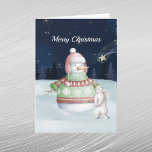 Cartes Pour Fêtes Annuelles Nuit d'aquarelle de Noël Snowman Rabbit<br><div class="desc">Un bonhomme de neige et un lapin.</div>