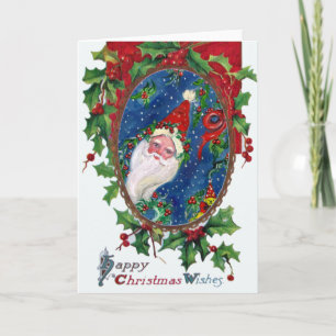 CARTES POUR FÊTES ANNUELLES NUIT DE NOËL / PÈRE NOËL AVEC HOLLYBERRY CROWN