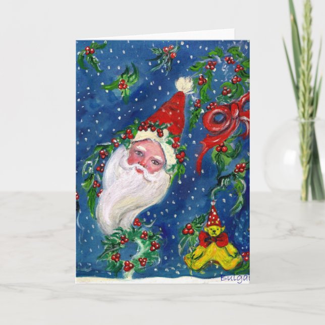 CARTES POUR FÊTES ANNUELLES NUIT DE NOËL / PÈRE NOËL AVEC JOUETS ET HOLLYBERRI (Devant)
