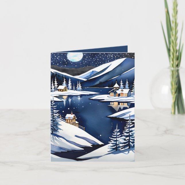 Cartes Pour Fêtes Annuelles Nuit de Noël silencieuse et étoilée au lac de mont (Devant)