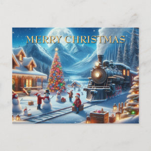 Cartes Pour Fêtes Annuelles Nuit d'hiver enneigée avec train de Noël et bonhom
