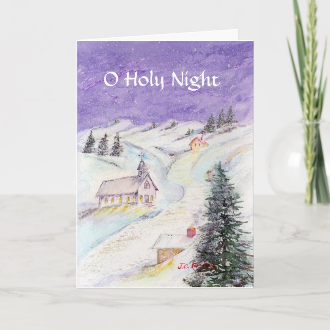 Cartes Pour Fêtes Annuelles Nuit étoilée dans l'aquarelle de Noël de neige (Devant)