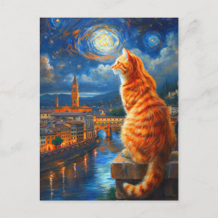 Cartes Pour Fêtes Annuelles Nuit étoilée sur Florence   Art du chat roux