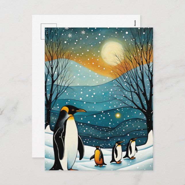 Cartes Pour Fêtes Annuelles Nuit hivernale neige Penguin Noël (Devant / Derrière)