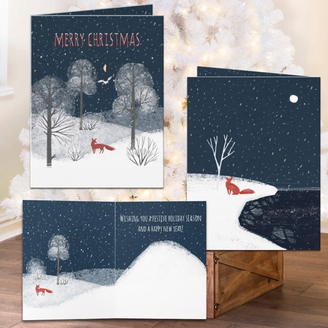 Cartes Pour Fêtes Annuelles Nuit Nordique D'Hiver Renard Rouge À La Campagne (Nordic Winter Night Red Fox In The Countryside Christmas Holiday Wraparound Graphics Folded Card)