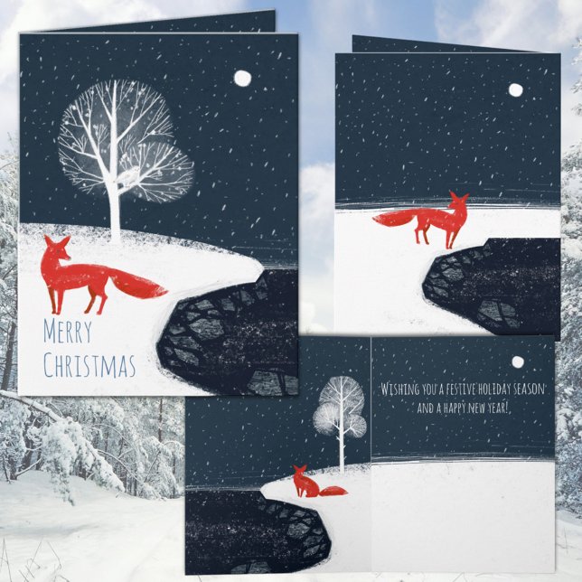 Cartes Pour Fêtes Annuelles Nuit Nordique D'Hiver Renard Rouge Dans Les Fjords (Nordic Winter Night Red Fox In The Fjords Holiday Christmas Folded Wraparound Graphics Card)