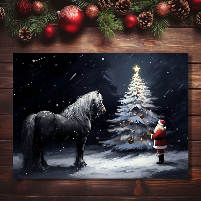 Cartes Pour Fêtes Annuelles Nuit Silencieuse - Beau Cheval et Noël avec le Pèr (Front - Silent Night - Beautiful Horse and Santa Christmas Holiday Card)