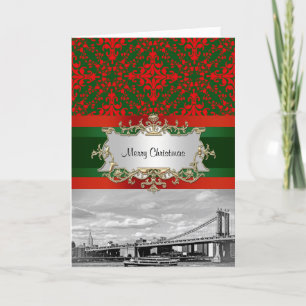 Cartes Pour Fêtes Annuelles NYC Skyline Manhattan Bridge Damask Xmas