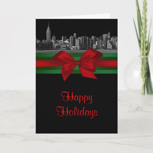 Cartes Pour Fêtes Annuelles NYC Wide Skyline Etted BW Christmas Holiday 2 (Devant)