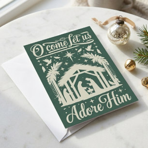 Cartes Pour Fêtes Annuelles Ô venez adorons-Le Scène de Nativité Verte