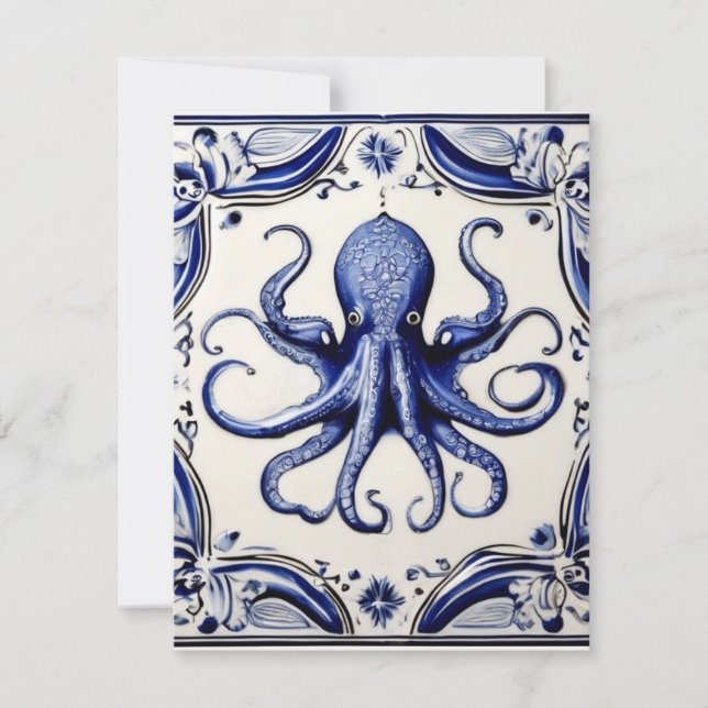 Cartes Pour Fêtes Annuelles Octopus Bleu et Blanc Océan (Devant)