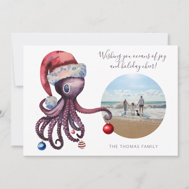 Cartes Pour Fêtes Annuelles Octopus de Noël dans le chapeau du Père Noël photo (Devant)