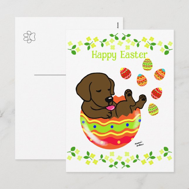 Cartes Pour Fêtes Annuelles Oeuf de Pâques Chocolat Labrador Fleurs de chiots (Devant / Derrière)