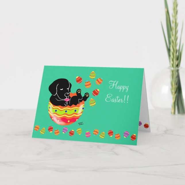Cartes Pour Fêtes Annuelles Oeuf de Pâques noir Labrador Chiot caricature vert (Devant)