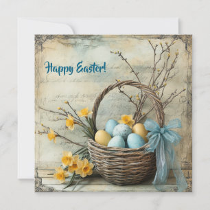 Cartes Pour Fêtes Annuelles Œufs de Pâques bleus et jaunes vintage et jonquill